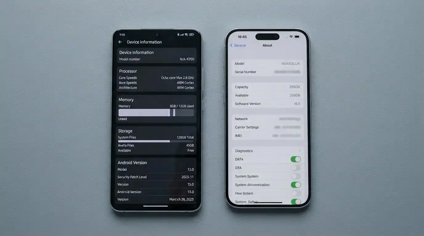 Android-Smartphone und iPhone nebeneinander mit technischen Spezifikationen im Vergleich