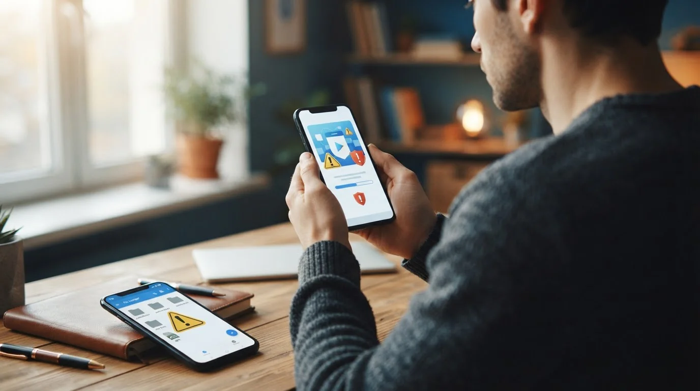 Smartphone-Bildschirm zeigt offiziellen App-Store mit Sicherheitshinweisen beim Download