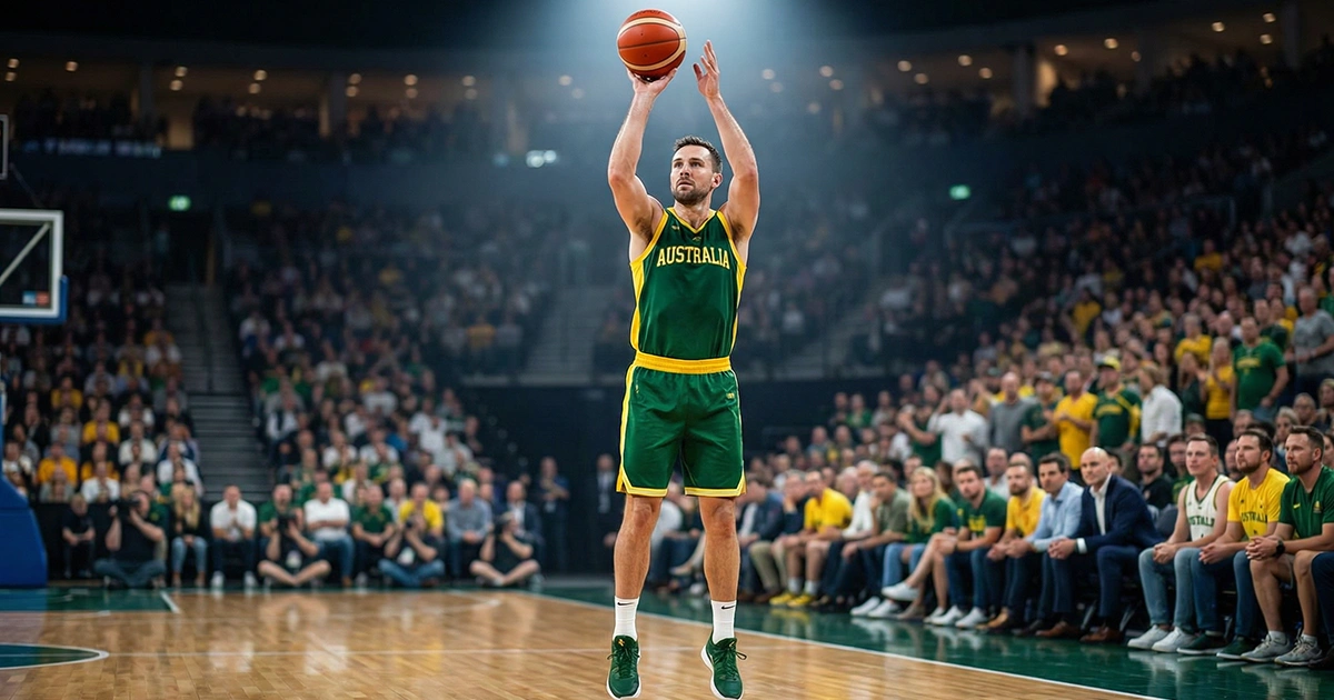 Australischer Basketballspieler in grün-goldenem Trikot beim Sprungwurf