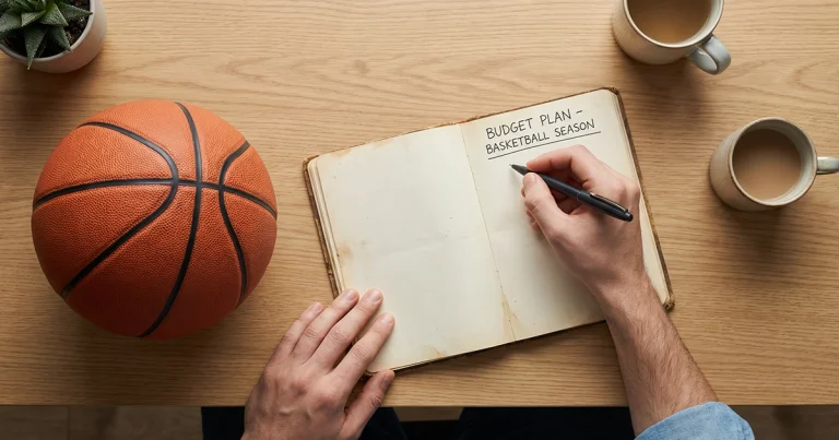 Person notiert Wetteinsätze in einem Notizbuch neben einem Basketball