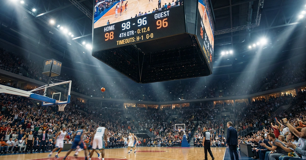 Anzeigetafel in einer Basketball-Arena zeigt den Punktestand eines WM-Spiels