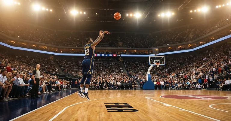 Basketballspieler wirft einen Dreier in einem WM-Spiel mit Blick auf den Korb