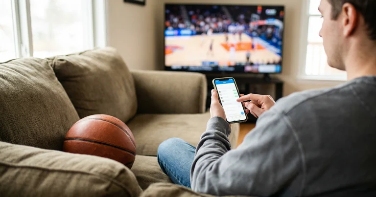 Person tippt auf einem Smartphone einen ersten Basketball-Wettschein