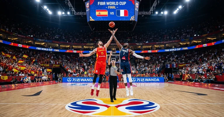 Basketballspieler verschiedener Nationalteams stehen sich vor dem Sprungball gegenüber