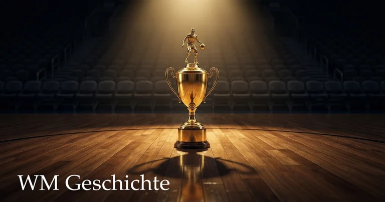 Basketball WM Geschichte – goldener Pokal auf einem Basketballfeld als Symbol für alle Weltmeister seit 1950