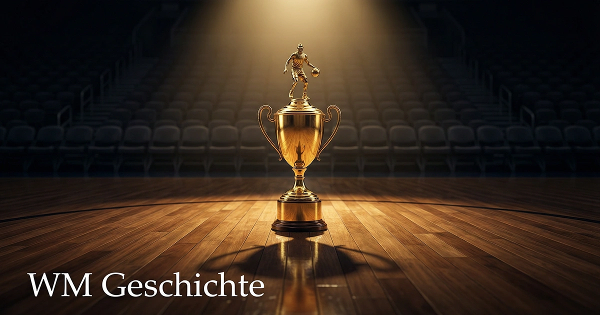 Basketball WM Geschichte – goldener Pokal auf einem Basketballfeld als Symbol für alle Weltmeister seit 1950