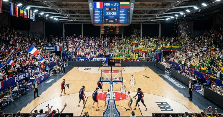 Basketball-WM Gruppenspiel in einer Arena mit Zuschauern und Anzeigetafel