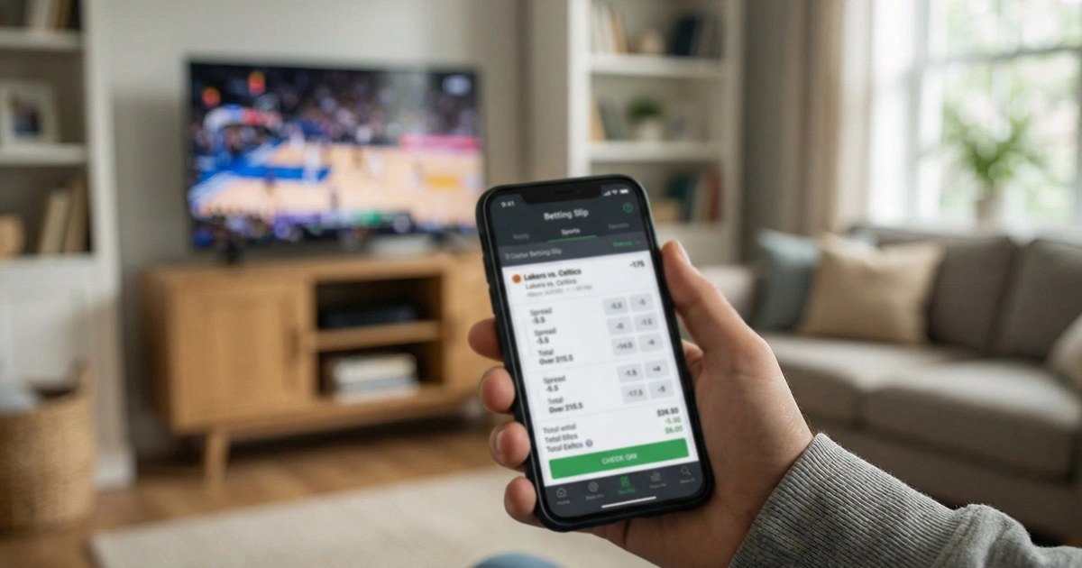 Person hält ein Smartphone mit einem Wettschein zu einem Basketball-WM-Spiel