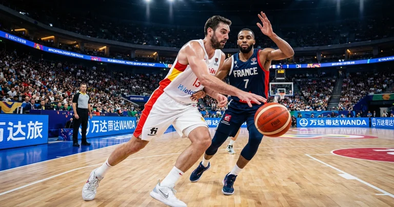 Basketball-Spieler in Aktion während eines WM-Turnierspiels auf dem Parkett