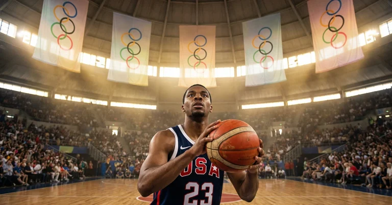Basketballspieler blickt auf die olympischen Ringe in einer Arena