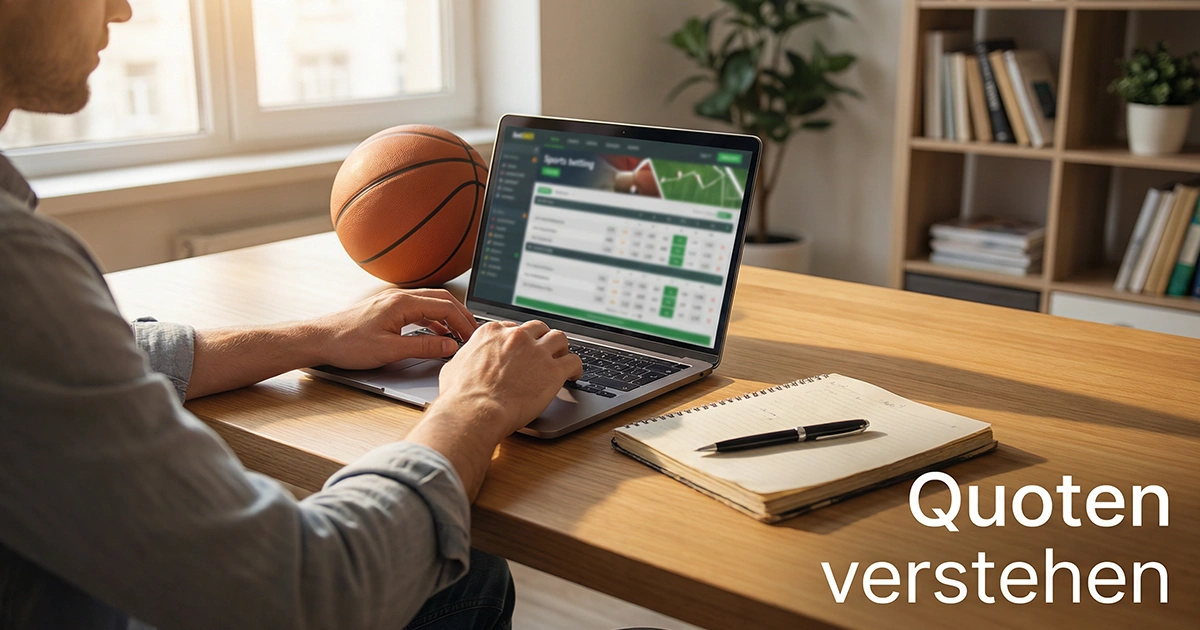 Basketball WM Quoten verstehen – Person analysiert Wettquoten auf einem Bildschirm neben einem Basketball