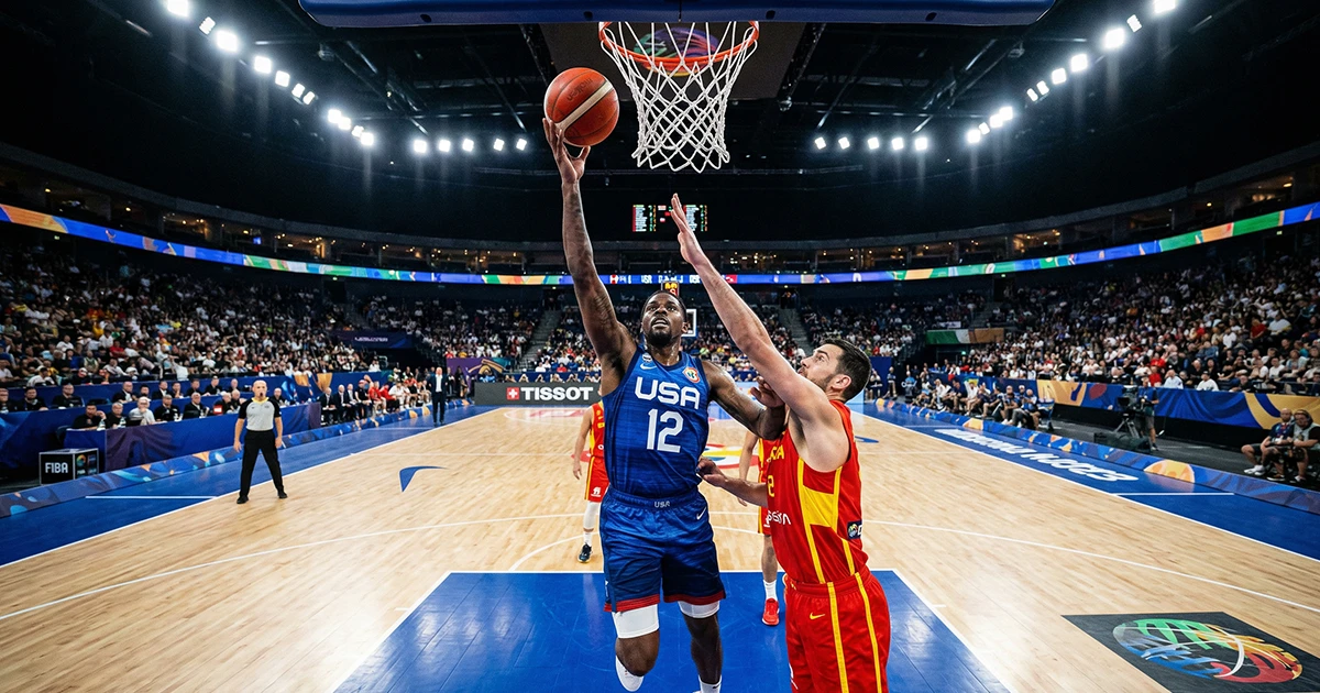 Basketballspieler versenkt einen Korbleger bei der WM unter dem Korb