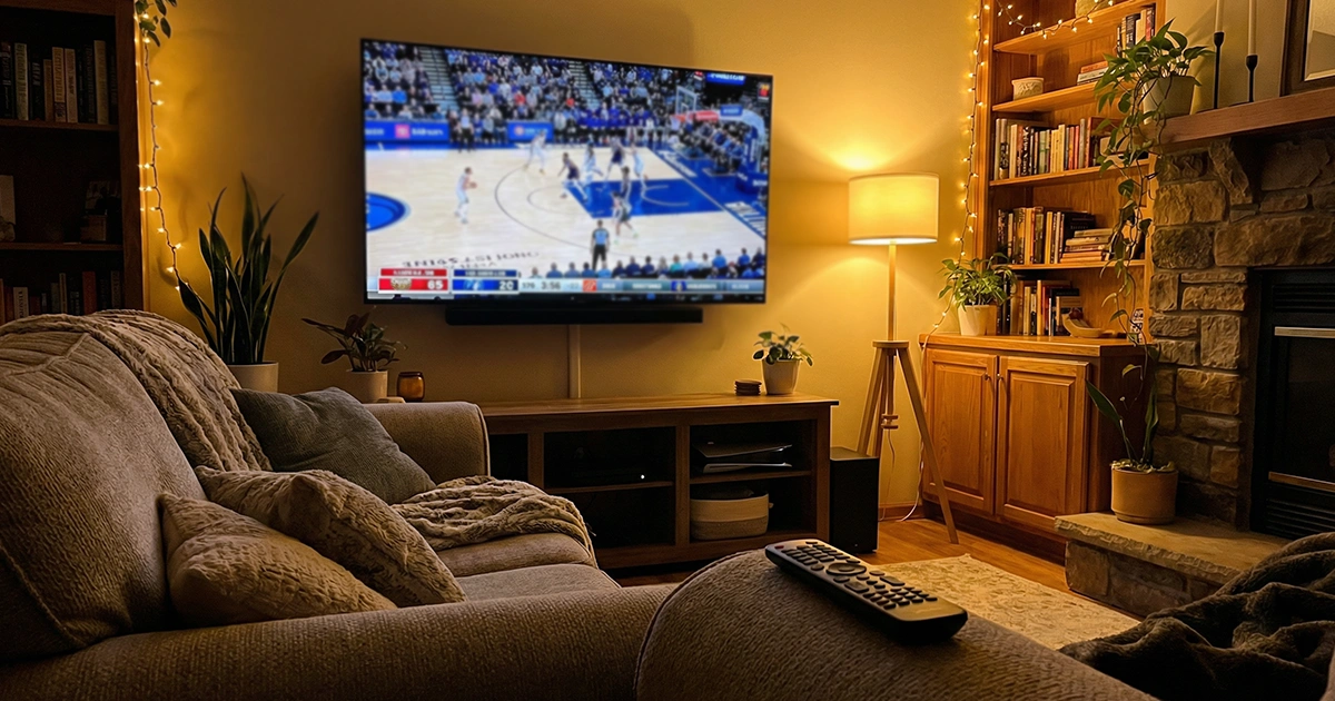 Fernseher zeigt ein Basketball-WM-Spiel in einem Wohnzimmer