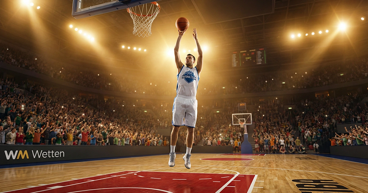 Basketball WM Wetten – Spieler beim Korbwurf in einer Hallenszenerie zur Basketball-Weltmeisterschaft