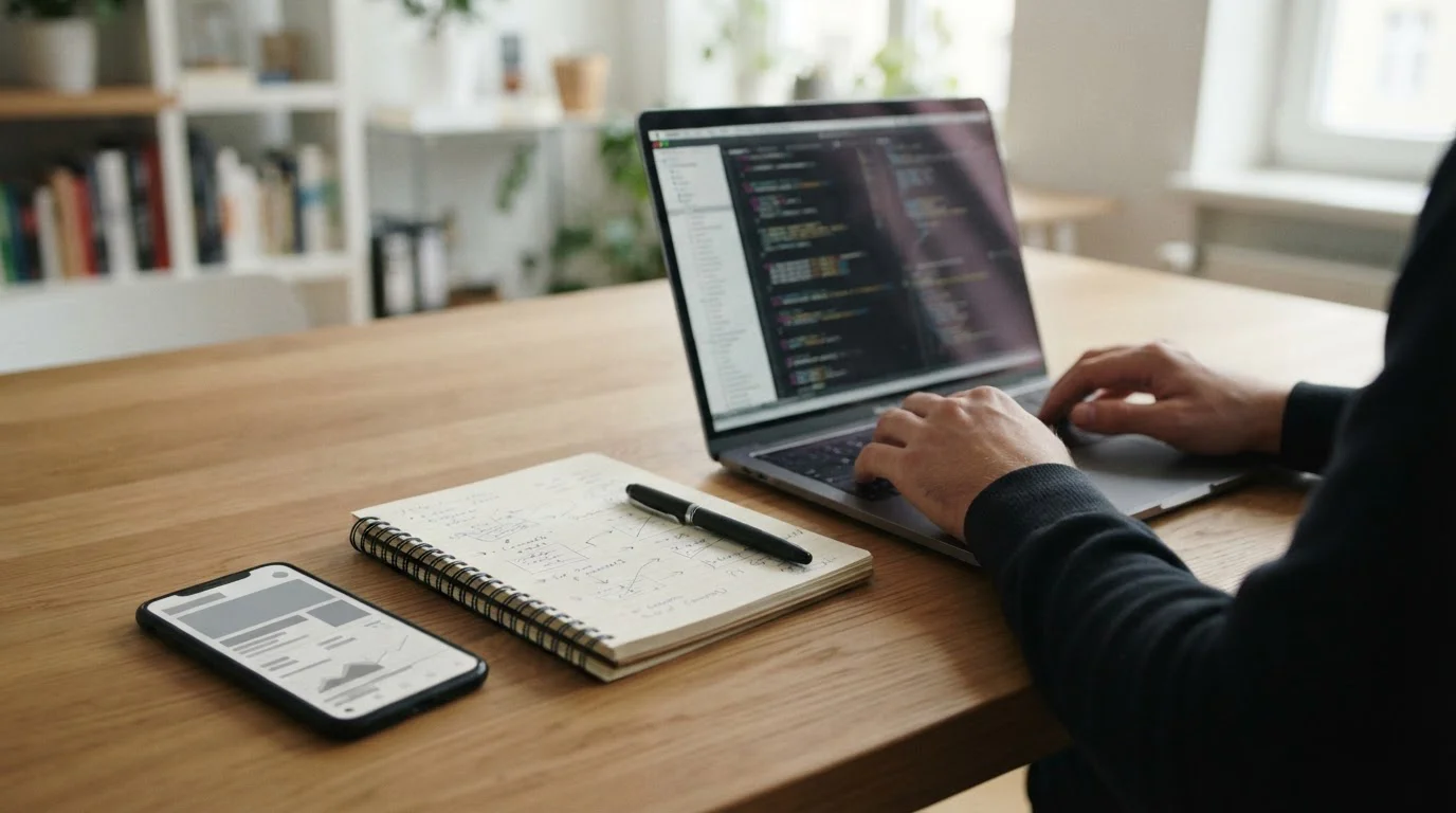 Smartphone mit neutraler Wett-App-Oberfläche auf einem Schreibtisch neben Notizen und Laptop