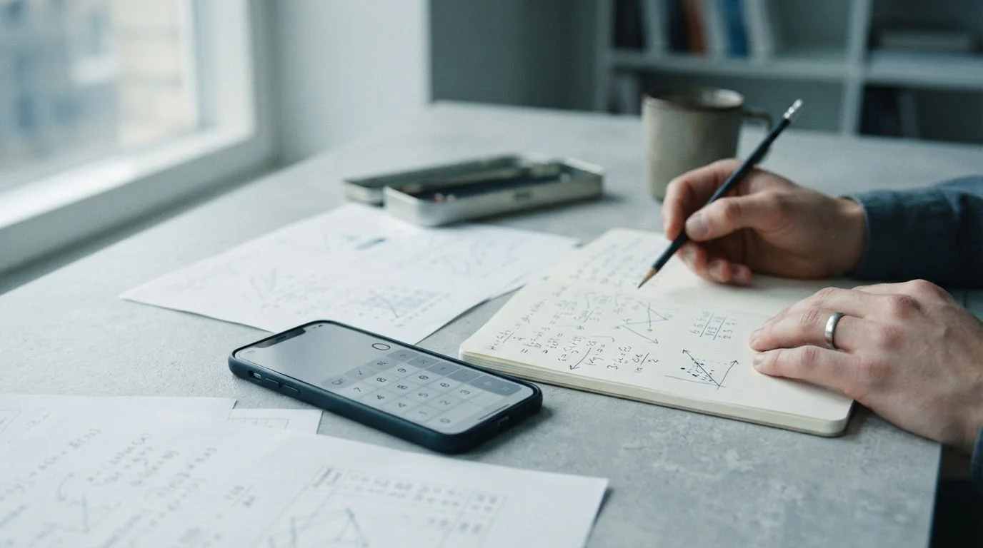 Smartphone mit Taschenrechner-App neben handschriftlichen Berechnungen zu Bonusbedingungen