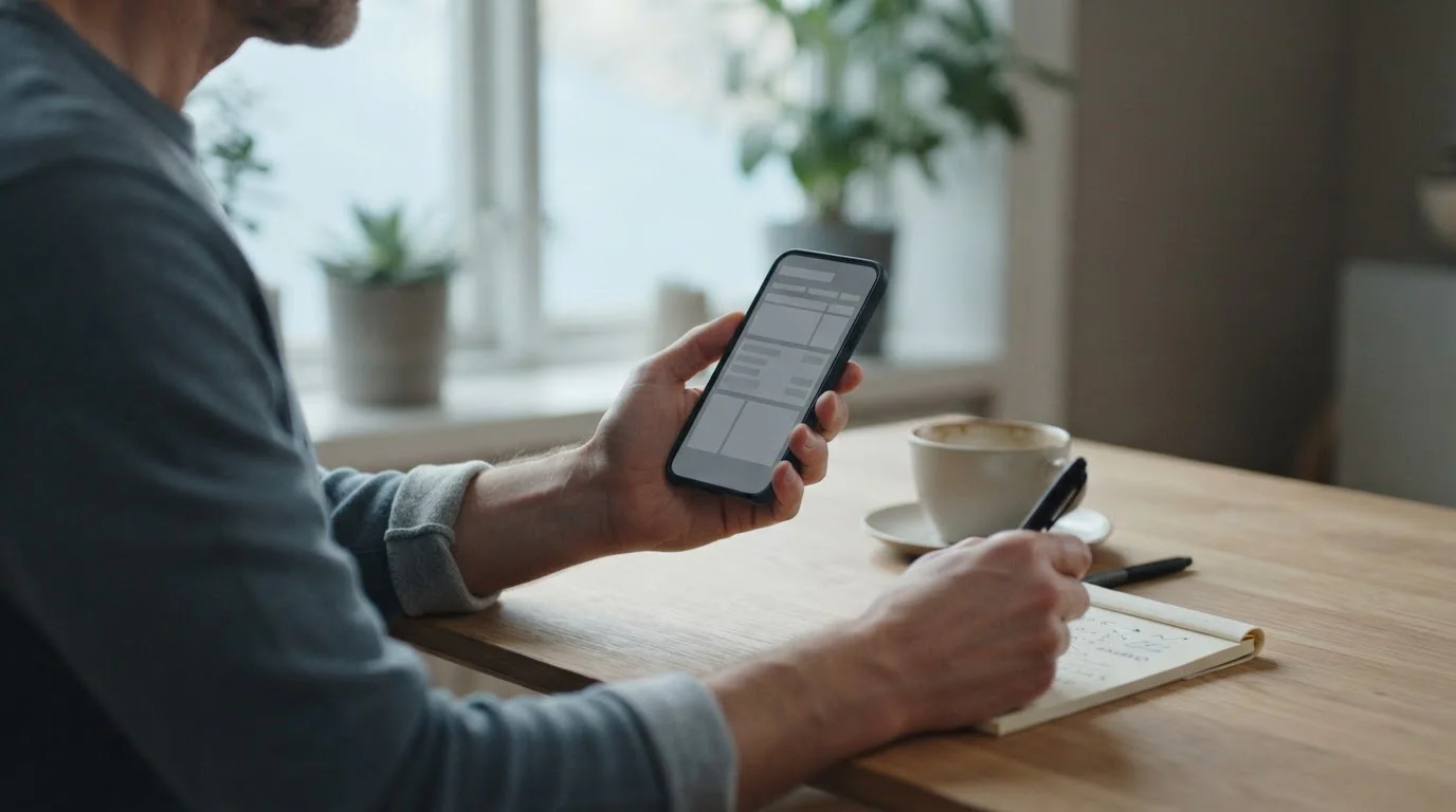 Hände halten ein Smartphone mit neutralem Bildschirm neben Notizen zum Neukundenangebot