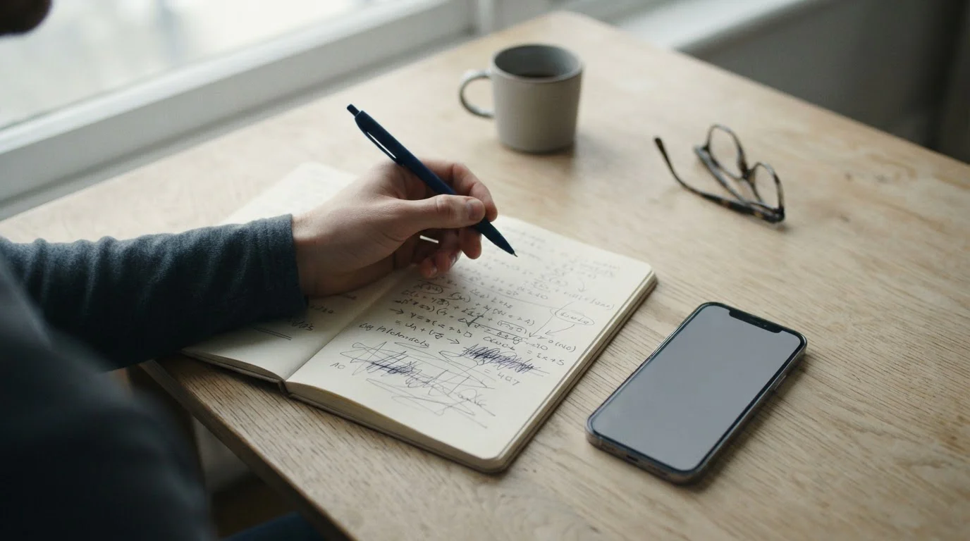 Hand mit Stift kalkuliert Bonusbedingungen auf Papier neben Smartphone