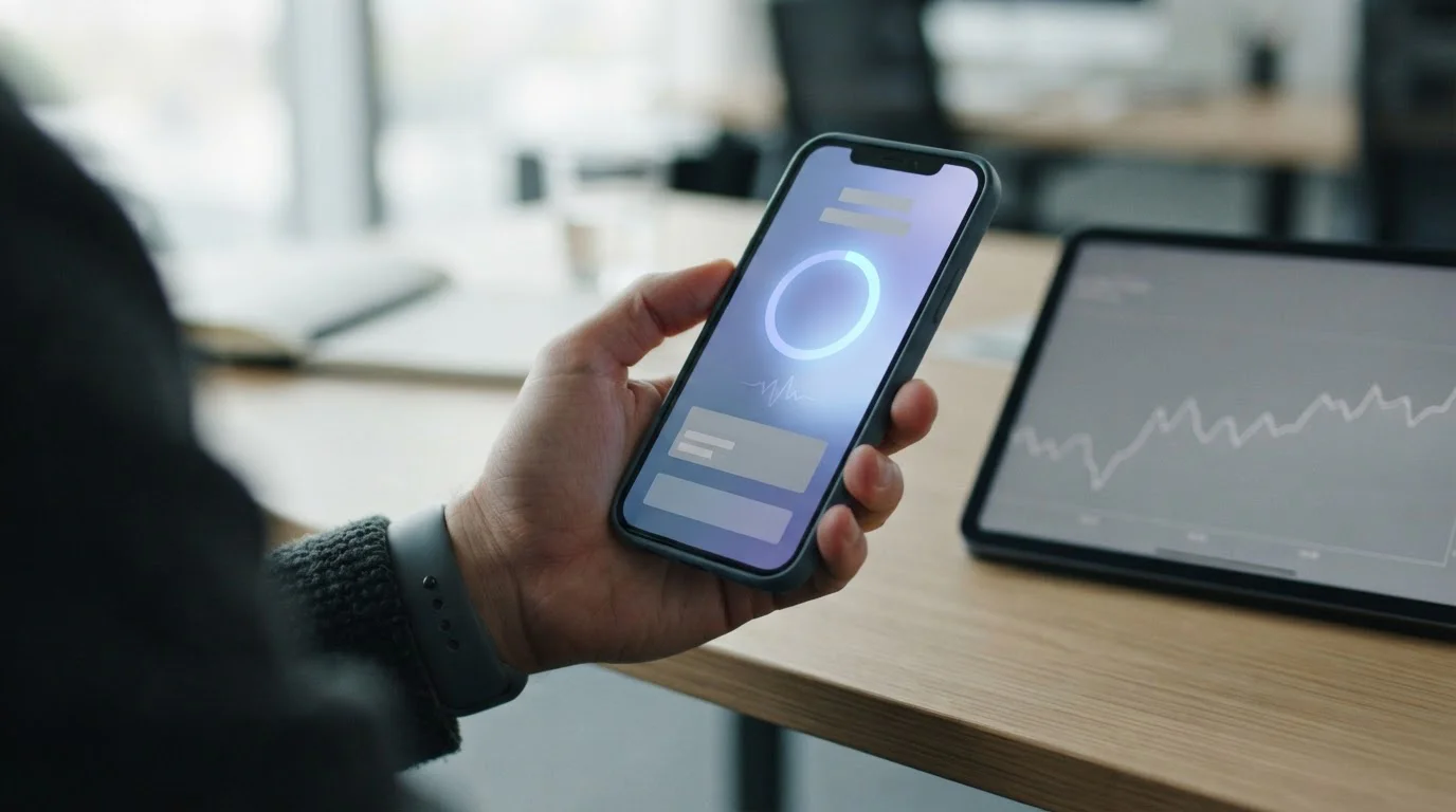 Smartphone zeigt abstrakten Zahlungsvorgang mit Bitcoin-Technologie