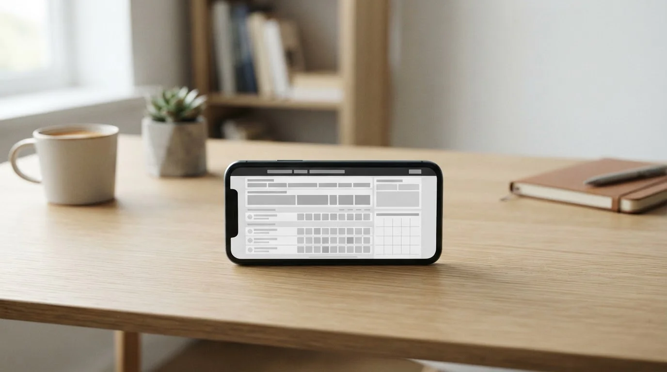 Smartphone mit neutraler Wett-App-Oberfläche auf minimalistischem Schreibtisch