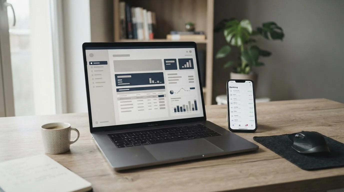 Laptop mit Wettplattform und Smartphone mit Trustly-Banking-App auf minimalistischem Schreibtisch