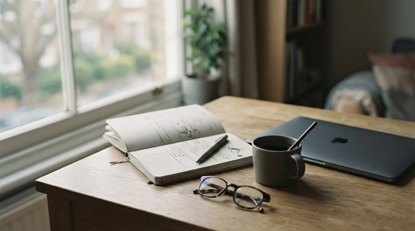 Nüchterner Arbeitsplatz mit Notizbuch und Laptop zum Vergleich von Wettanbietern