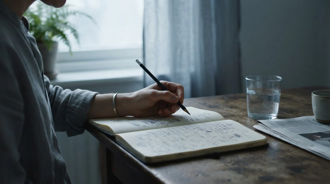 Hand mit Bleistift über einem Notizbuch mit schlichten Berechnungen am Fenster