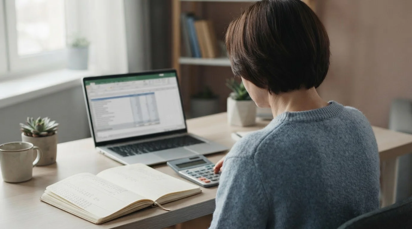 Person plant Wettstrategie mit Notizen und Taschenrechner auf aufgeräumtem Schreibtisch