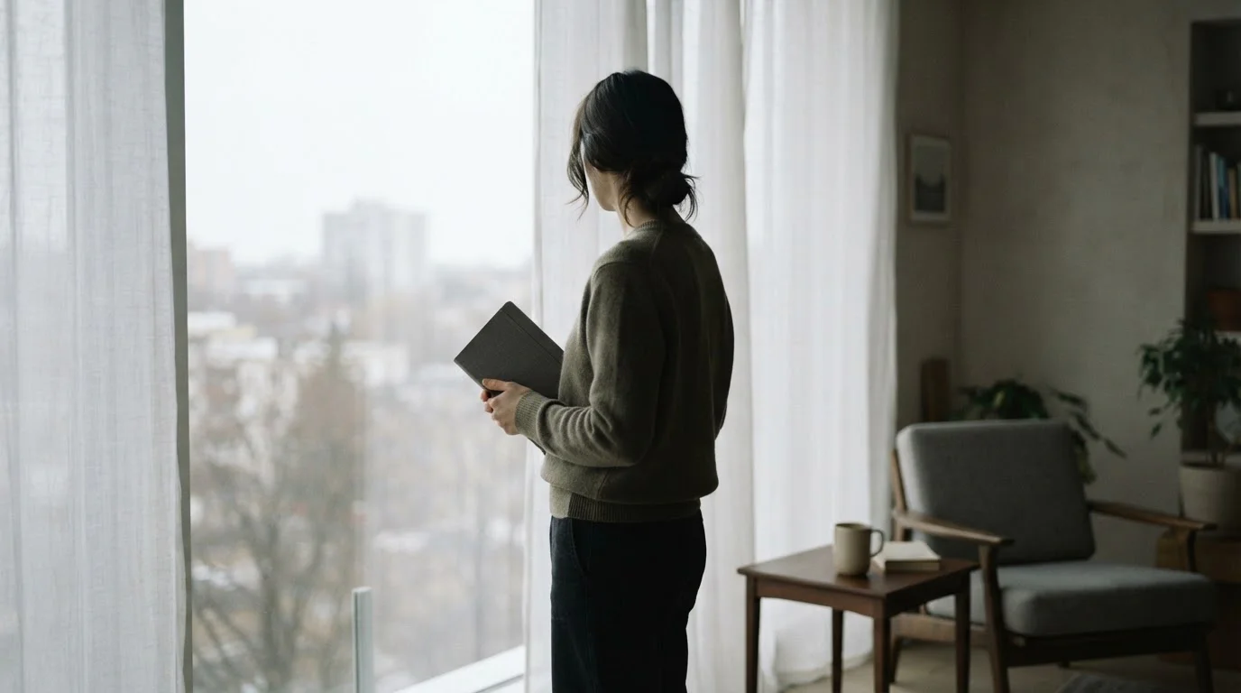 Silhouette einer Person am Fenster, ruhig und nachdenklich, mit Notizbuch