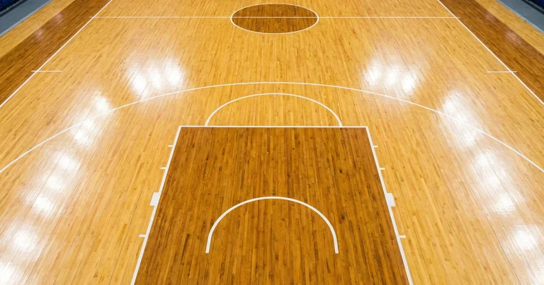 Zwei nebeneinanderliegende Basketballfelder mit unterschiedlichen Markierungen für FIBA und NBA