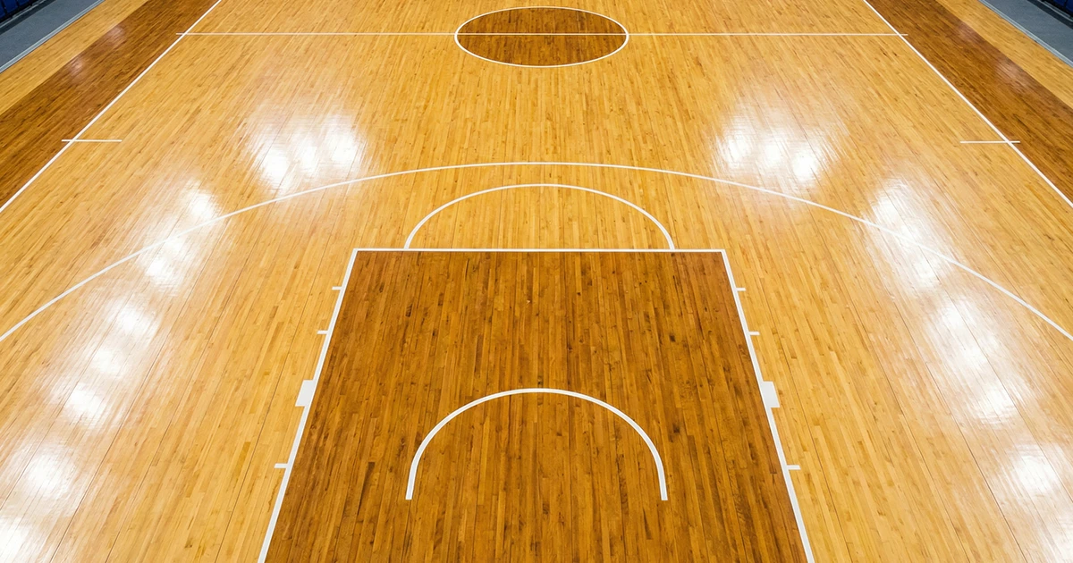 Zwei nebeneinanderliegende Basketballfelder mit unterschiedlichen Markierungen für FIBA und NBA