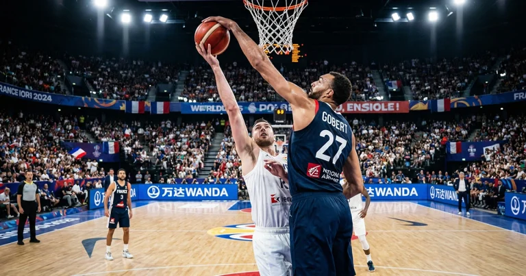 Französischer Basketballspieler in blauem Trikot blockt einen Wurf in der Arena