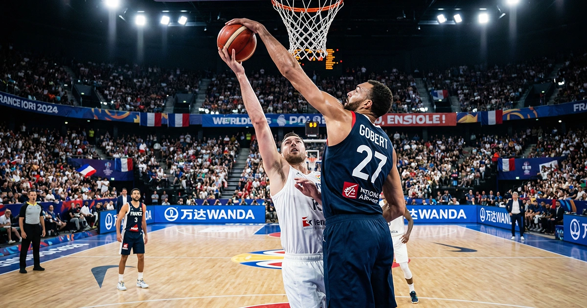 Französischer Basketballspieler in blauem Trikot blockt einen Wurf in der Arena
