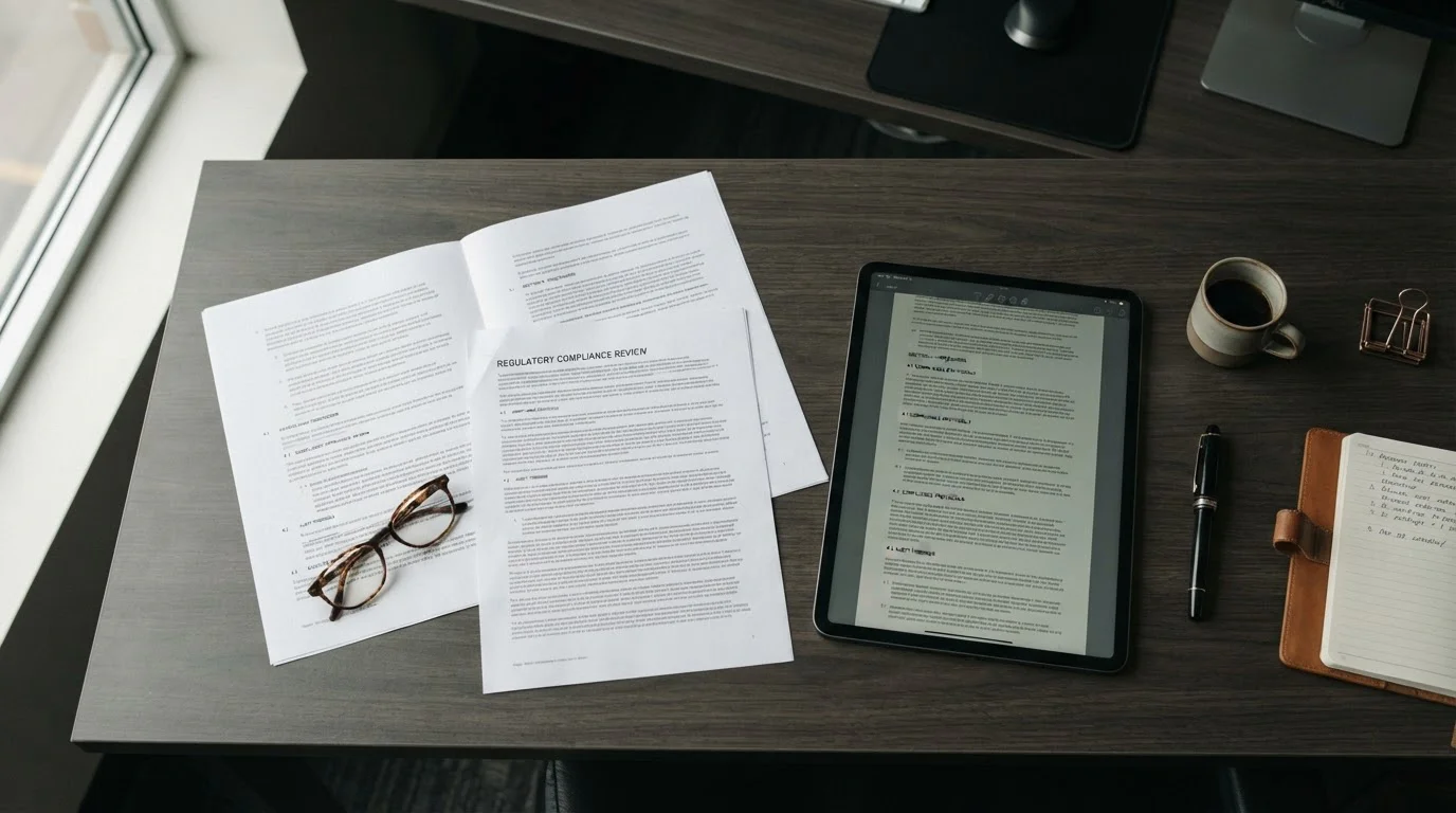 Offizielle Dokumente und Tablet mit Gesetzestexten auf einem Schreibtisch