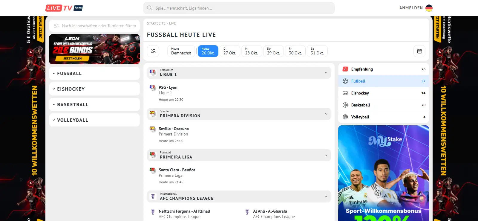 Fußball-Zeitplan mit Anstoßzeiten und Wettbewerben des Tages