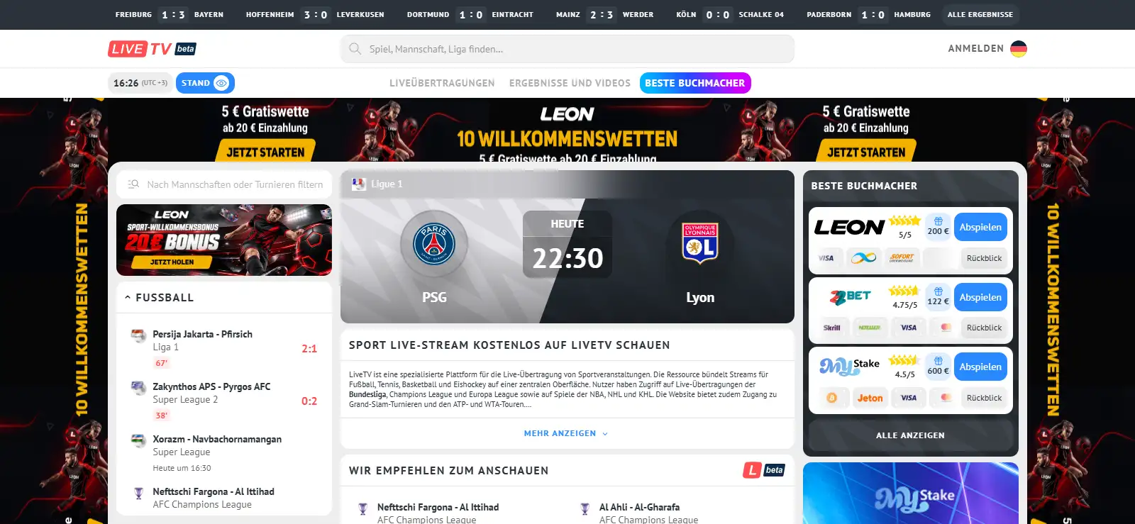 Startseite mit Spielständen, Sportarten und aktuellen Live-Markierungen