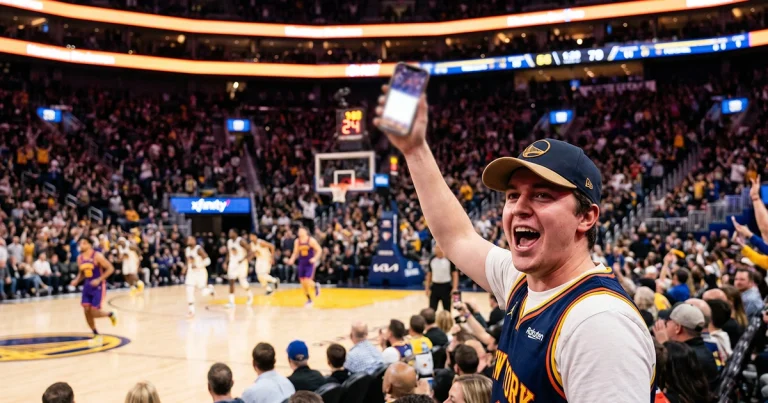 Fan schaut ein Basketball-WM-Spiel live und hält sein Smartphone bereit