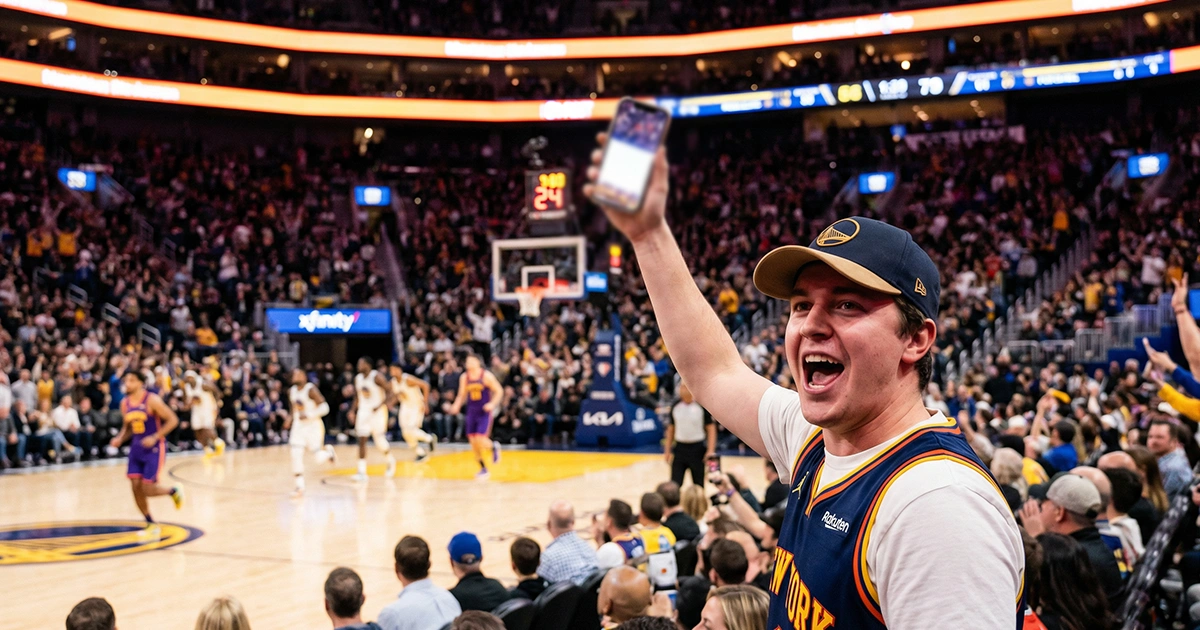 Fan schaut ein Basketball-WM-Spiel live und hält sein Smartphone bereit