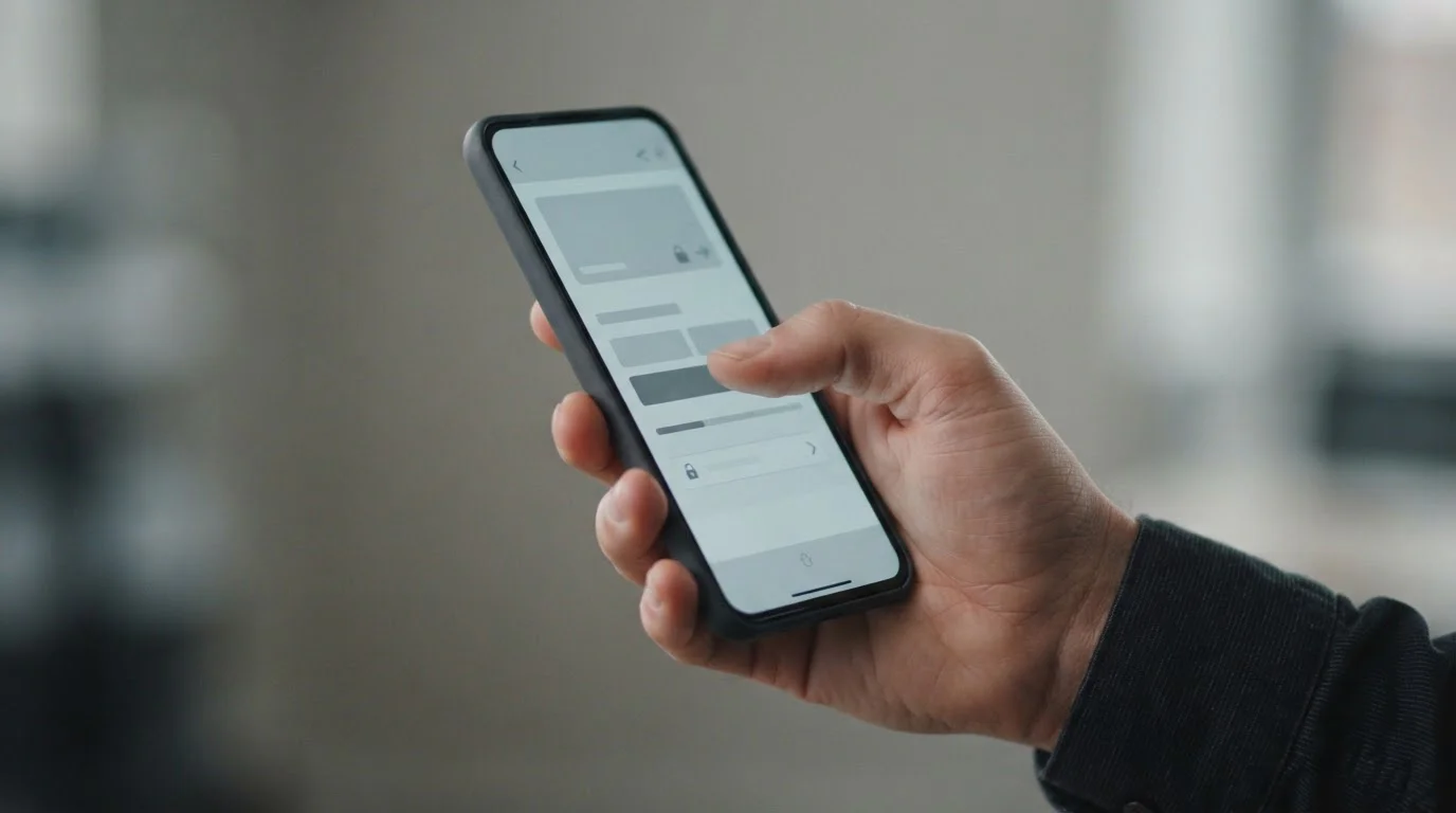 Hand hält Smartphone mit abstrakter Zahlungsschnittstelle in sicherer Umgebung
