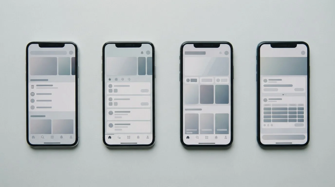Mehrere Smartphones nebeneinander zeigen verschiedene neutrale App-Oberflächen im Vergleich