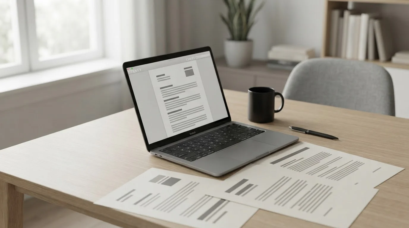 Dokumente und Laptop mit Lizenzinformationen auf Schreibtisch