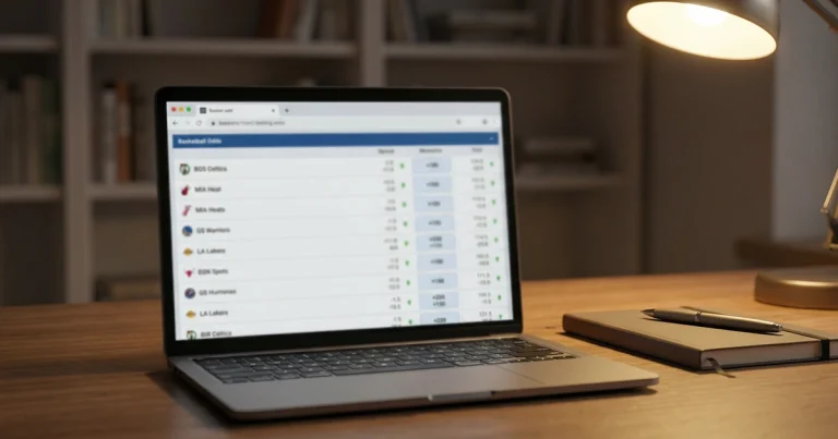 Laptop-Bildschirm zeigt Wettquoten für Basketball-WM-Spiele