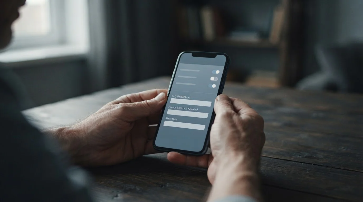 Smartphone mit Einstellungsmenü für Spiellimits und Selbstschutz-Optionen
