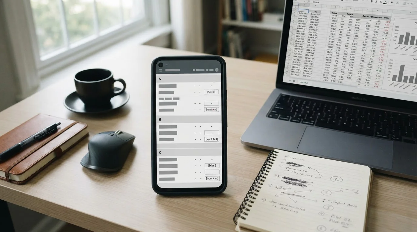 Smartphone mit Sportwetten-App auf einem Arbeitstisch neben Laptop und Notizen für einen Praxistest