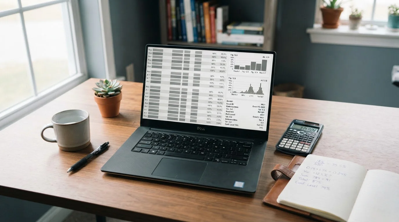 Laptop mit abstraktem Wett-Interface und Taschenrechner auf Schreibtisch zur Veranschaulichung der Wettsteuer-Thematik