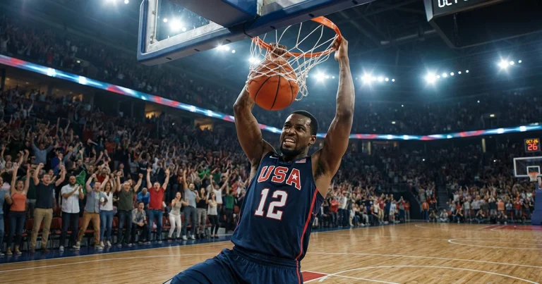 Basketballspieler in dunkelblauem US-Trikot beim Dunking in einer großen Arena