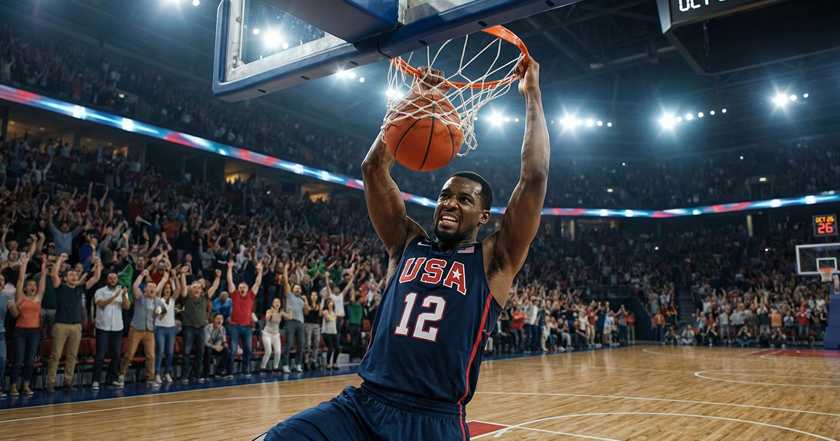 Basketballspieler in dunkelblauem US-Trikot beim Dunking in einer großen Arena