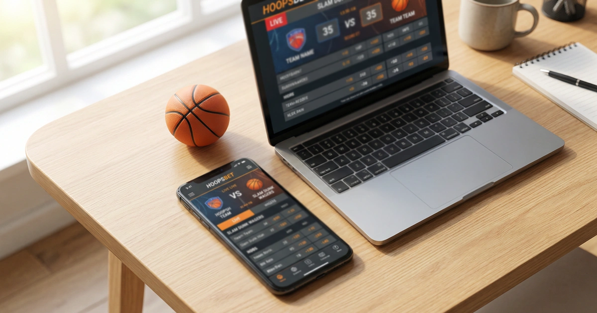 Smartphone und Laptop auf einem Schreibtisch mit Basketball-Wettseiten geöffnet