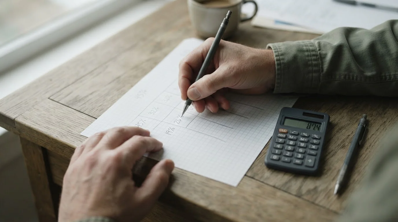 Hände notieren eine kleine Rechnung zur Wettsteuer auf Millimeterpapier