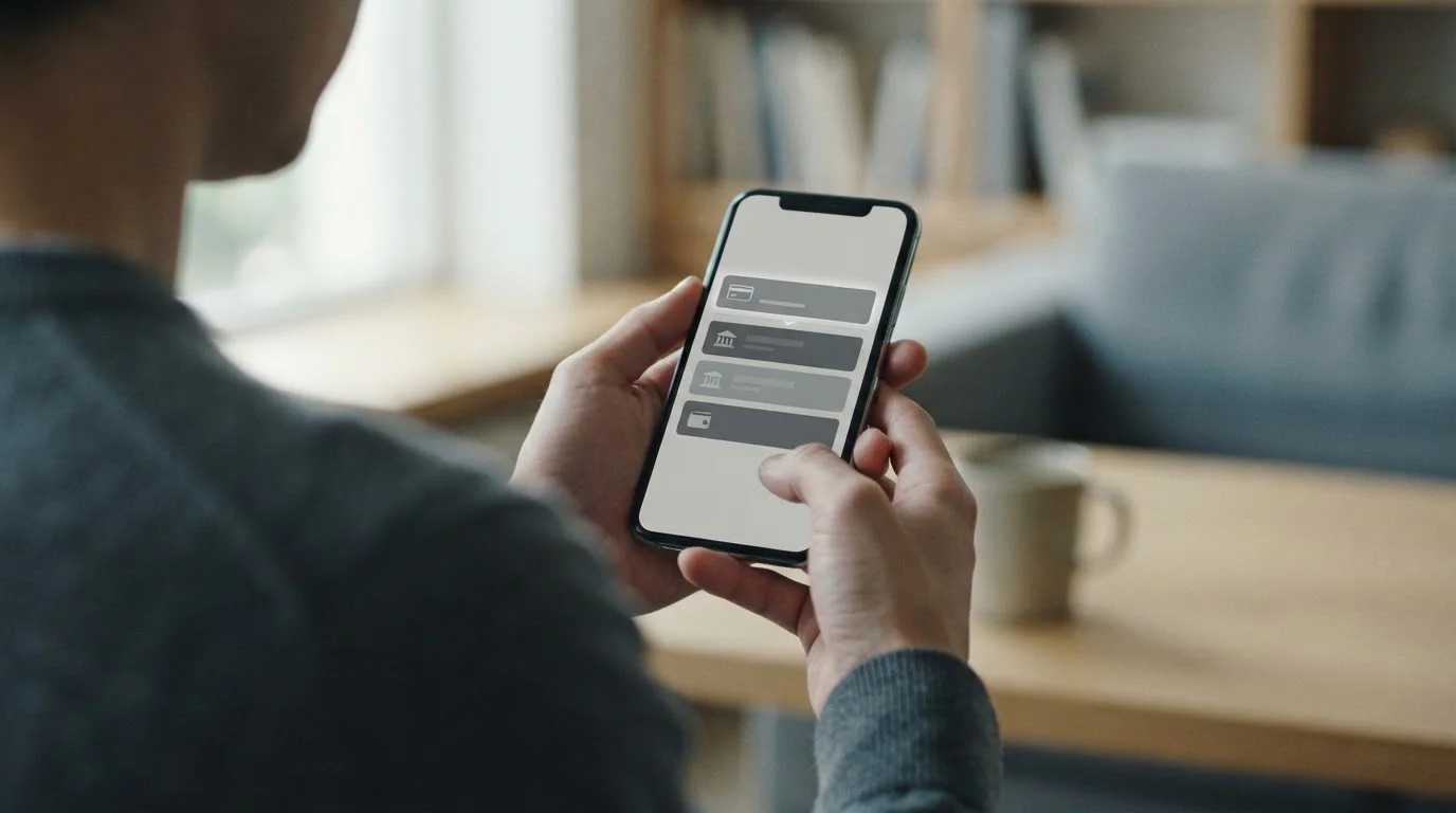 Smartphone-Bildschirm zeigt Auswahl verschiedener Zahlungsmethoden